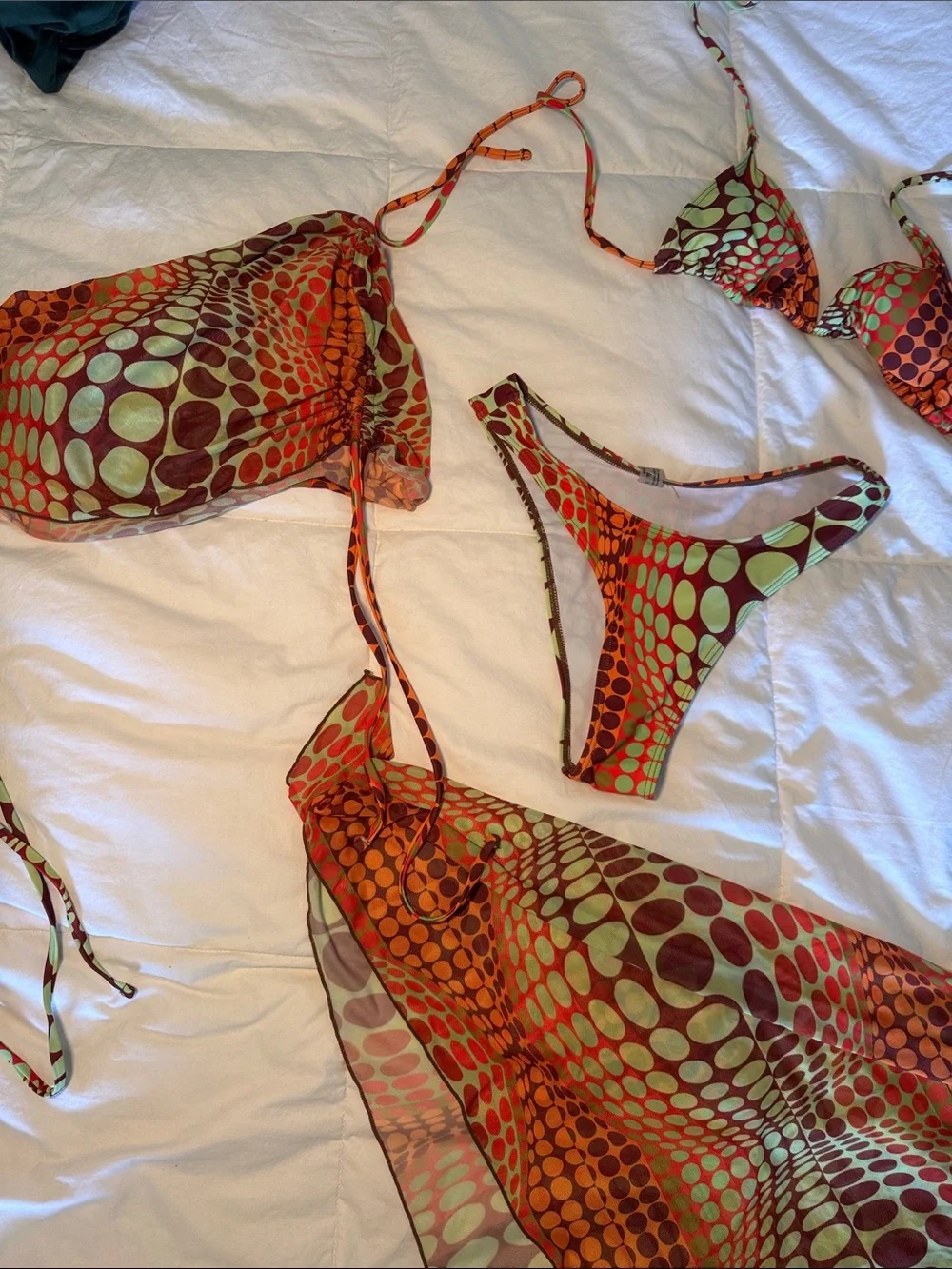 Retro Geo Print Bikini Set with Matching Sarong - Orange & Lime